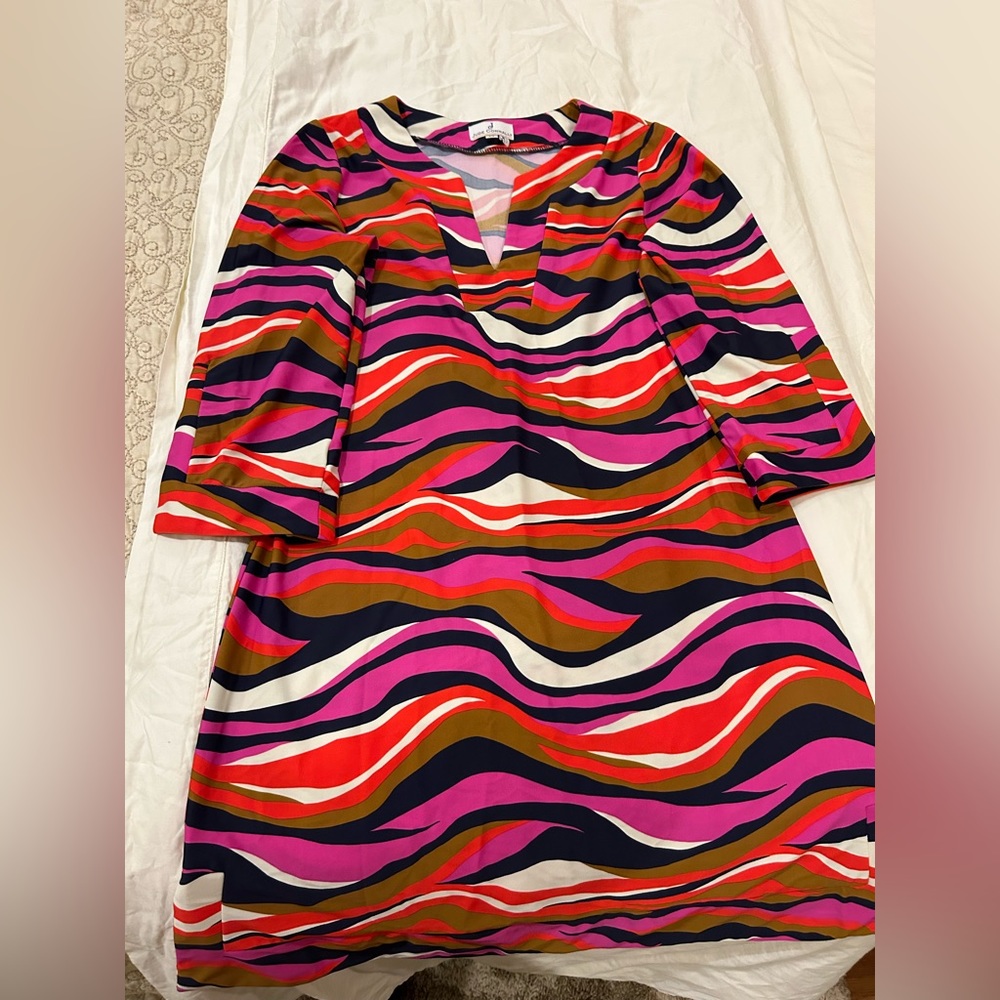 Jude Connally dress-pink, navy, brown, and beige pattern